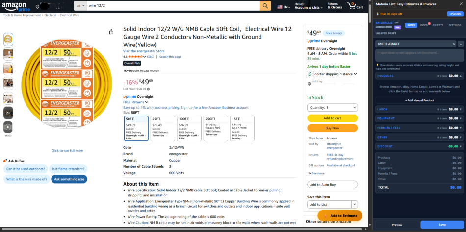 Material List — vista de estimado